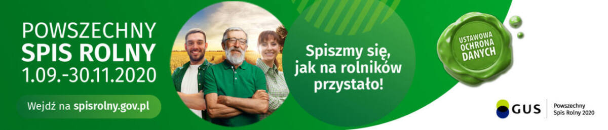 Napis: Powszechny Spis Rolny 1.09-30.11.2020, spisrolny.gov.pl, zdjęcie trzechosób na tele pola, Logo GUS