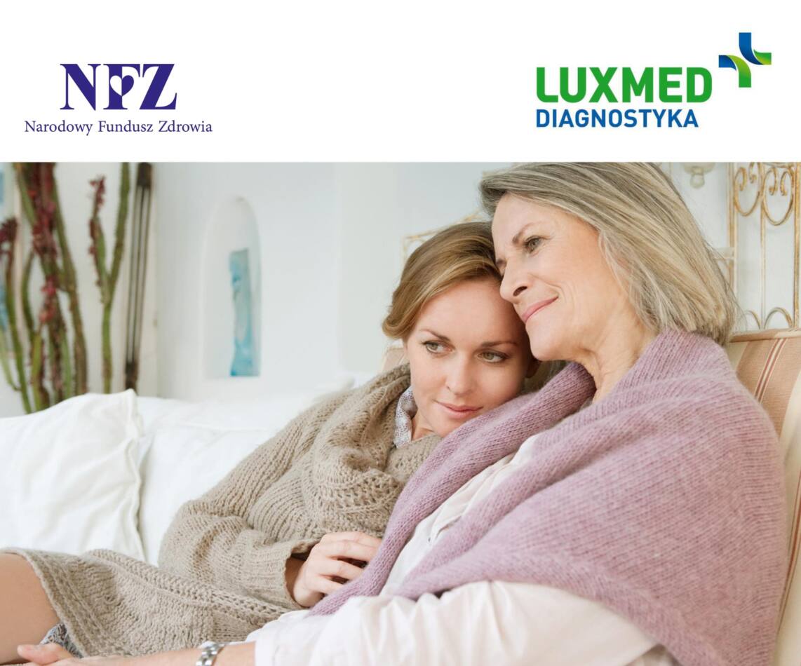 Logo NFZ oraz LUXMED Diagnostyka, zdjęcia przytulonych do siebie kobiet kobiet