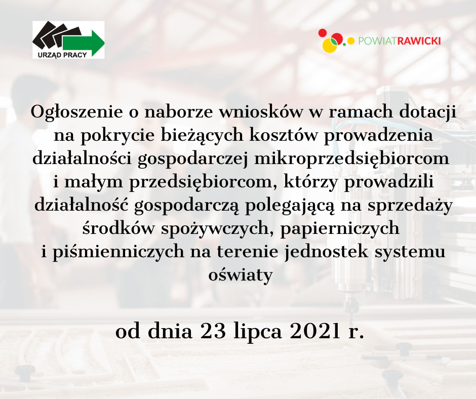 Ogłoszenie o naborze wniosków w ramach dotacji na pokrycie bieżących kosztów prowadzenia działalności gospodarczej mikroprzedsiębiorcom i małym przedsiębiorcom - 072021