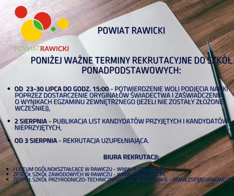 Informujemy o ważnych terminach postępowania rekrutacyjnego do szkół ponadpodstawowych.