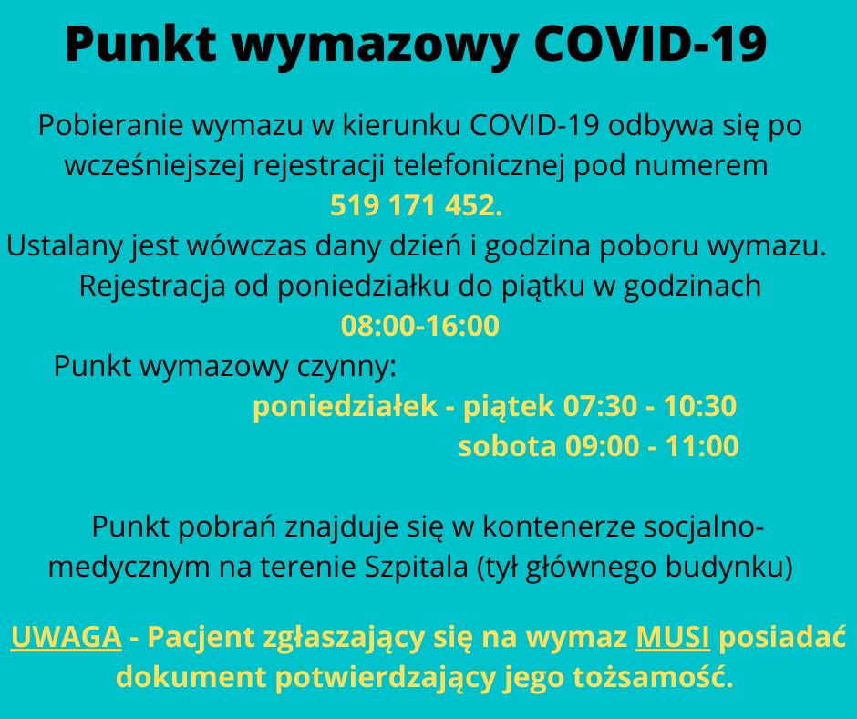 Szpital Powiatowy w Rawiczu Sp. z o.o. informuje o zmianie godzin i lokalizacji Punktu wymazowego.