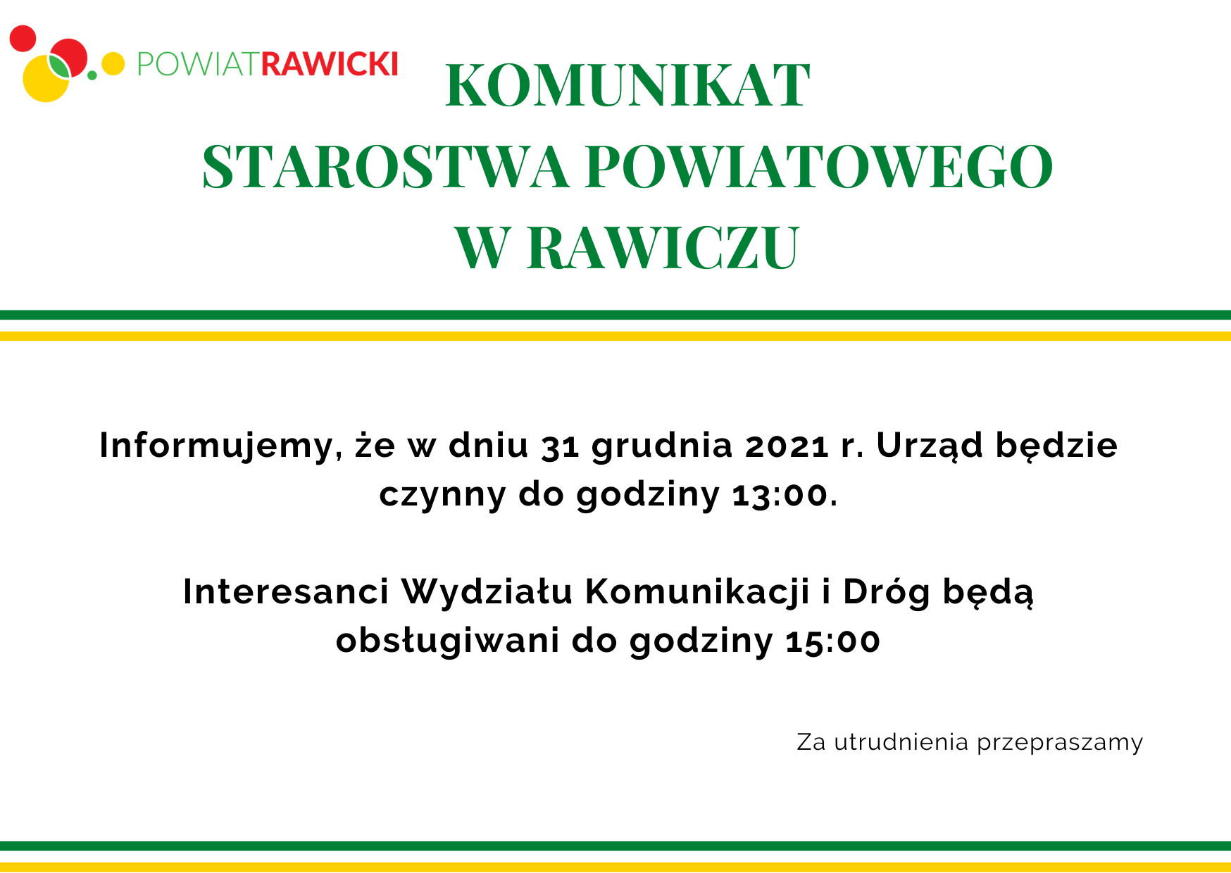 Komunikat Starostwa Powiatowego w Rwwiczu ws. 31.12.2021 r.